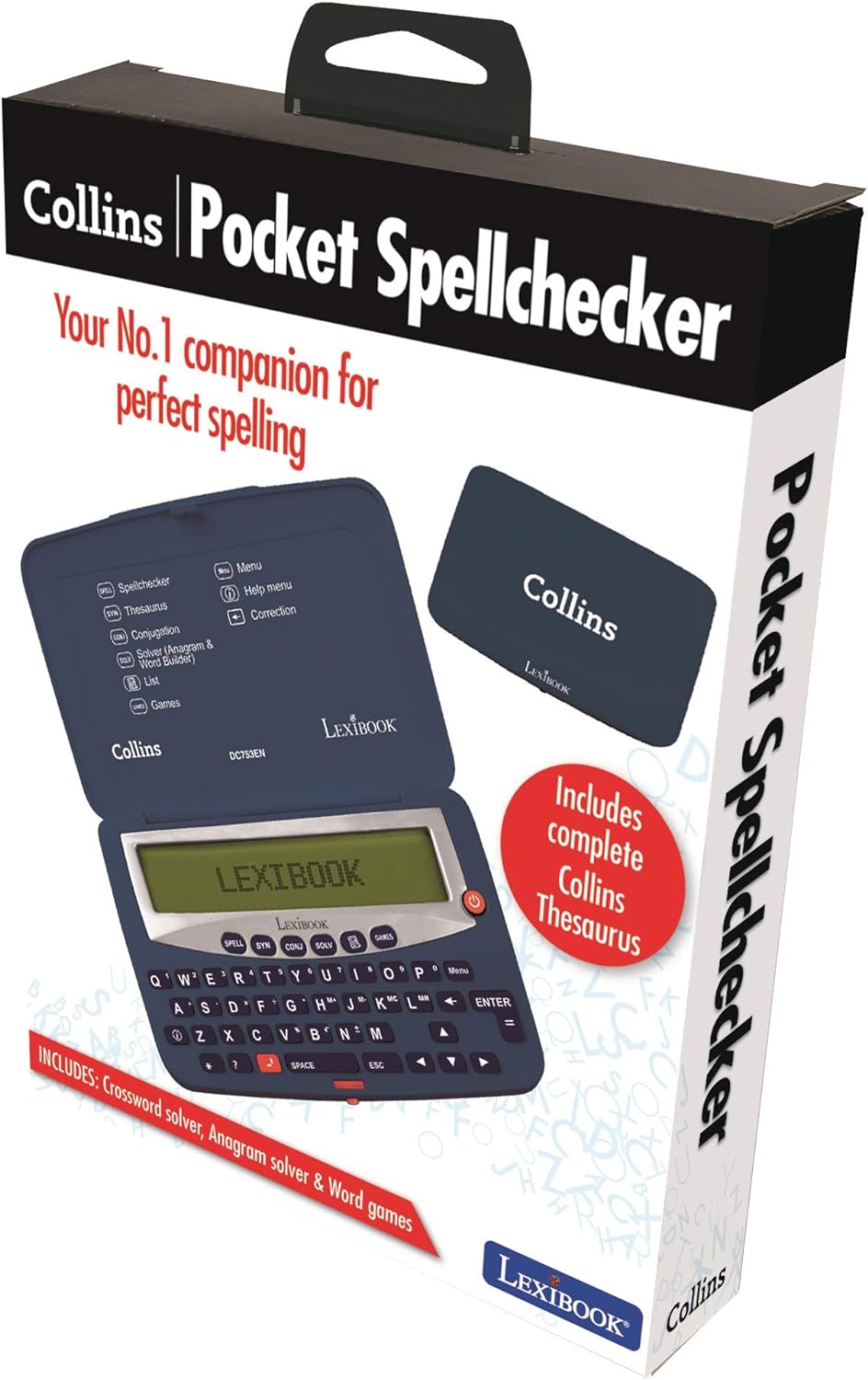 Lexibook DC753EN Letters Electronic Pocket Spellchecker, Thesaurus, Crossword, Conjugation, Anagram Solver, Words Games, with Battery, Blue/White