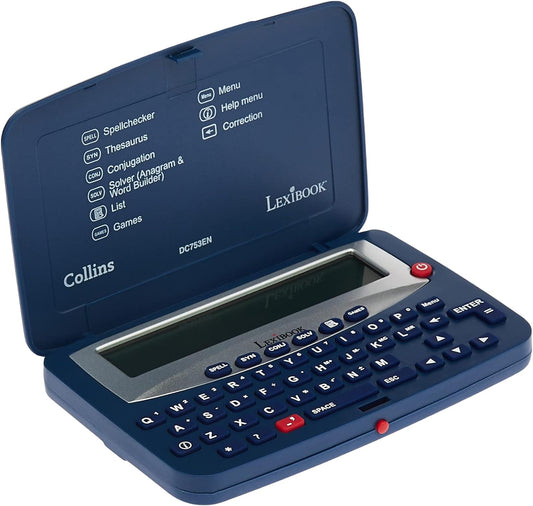 Lexibook DC753EN Letters Electronic Pocket Spellchecker, Thesaurus, Crossword, Conjugation, Anagram Solver, Words Games, with Battery, Blue/White