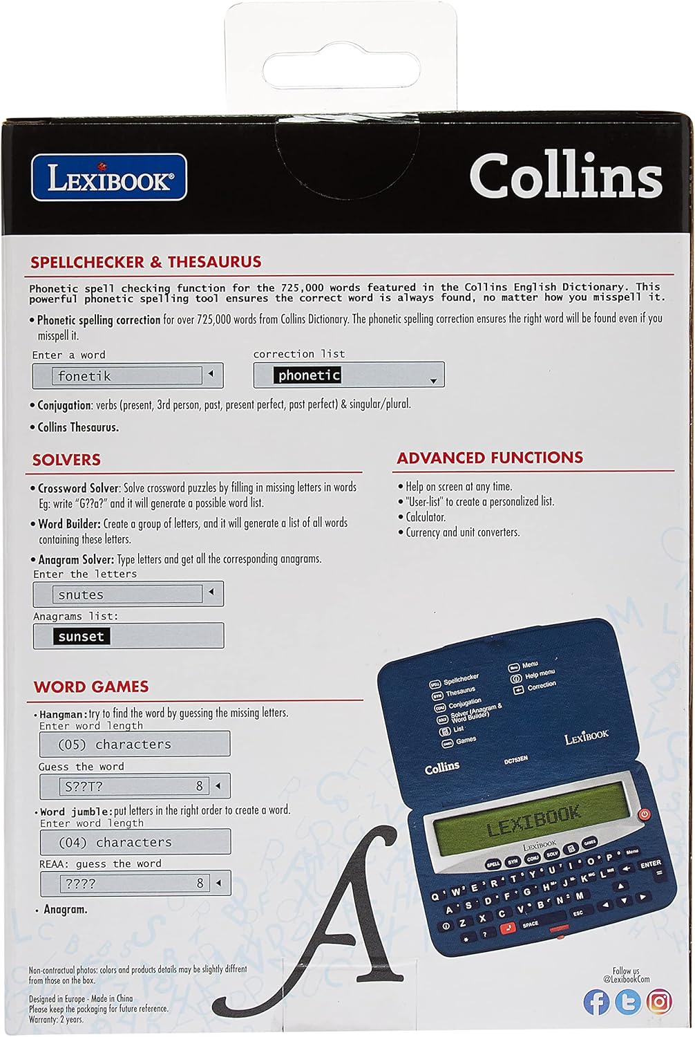 Lexibook DC753EN Letters Electronic Pocket Spellchecker, Thesaurus, Crossword, Conjugation, Anagram Solver, Words Games, with Battery, Blue/White