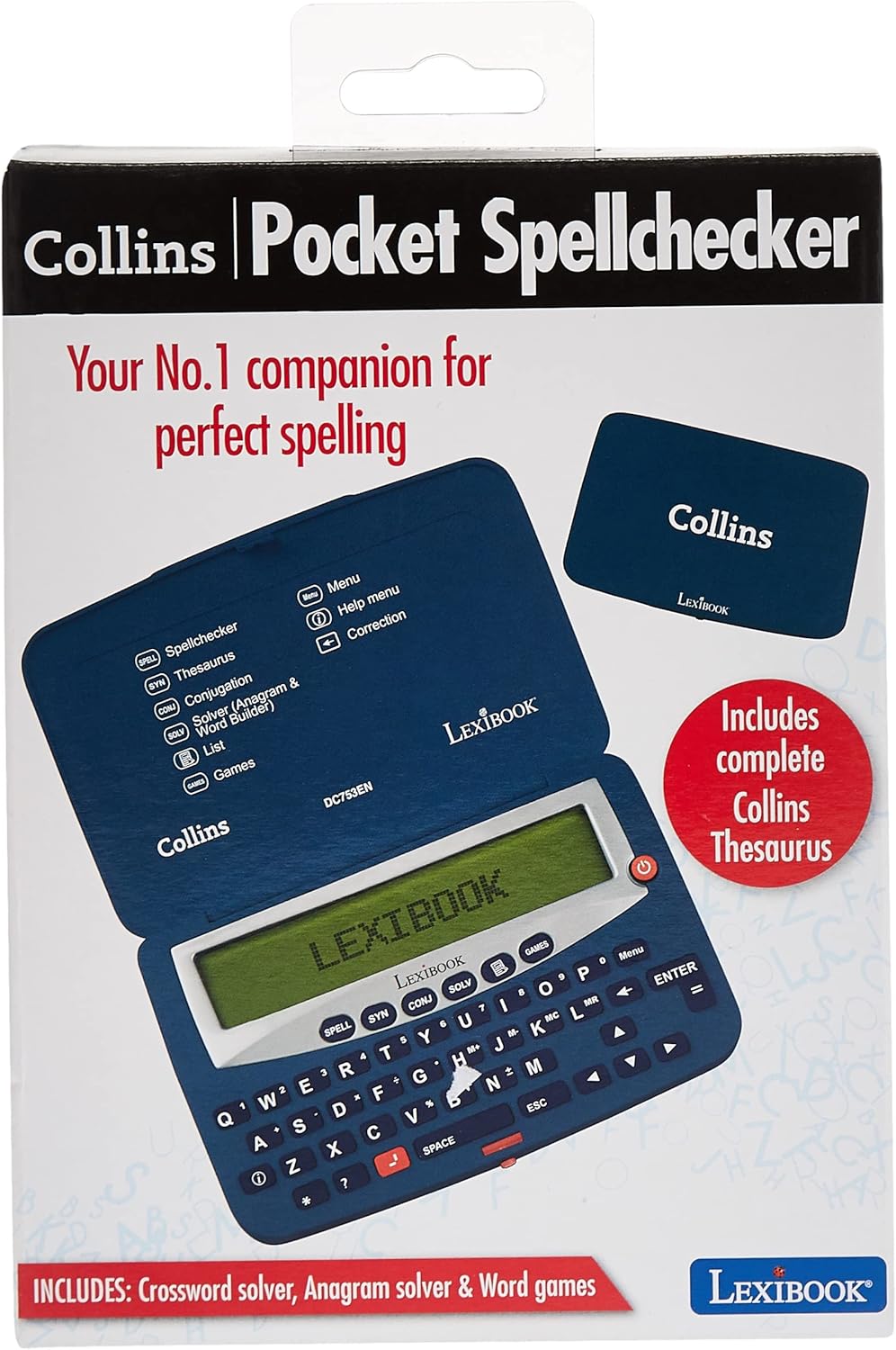 Lexibook DC753EN Letters Electronic Pocket Spellchecker, Thesaurus, Crossword, Conjugation, Anagram Solver, Words Games, with Battery, Blue/White